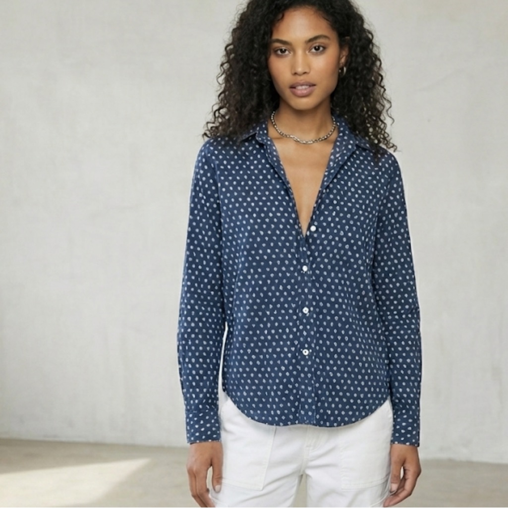 Frank & Eileen Italian Cotton Eileen Button Up Blouse Blue Polka Top Size Xs